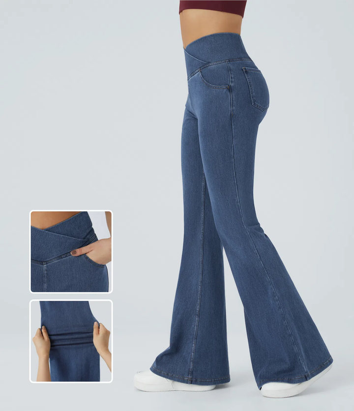 Ella - High Waisted Crossover Pocket Washed Stretchy Knit Casual Super Flare Jeans