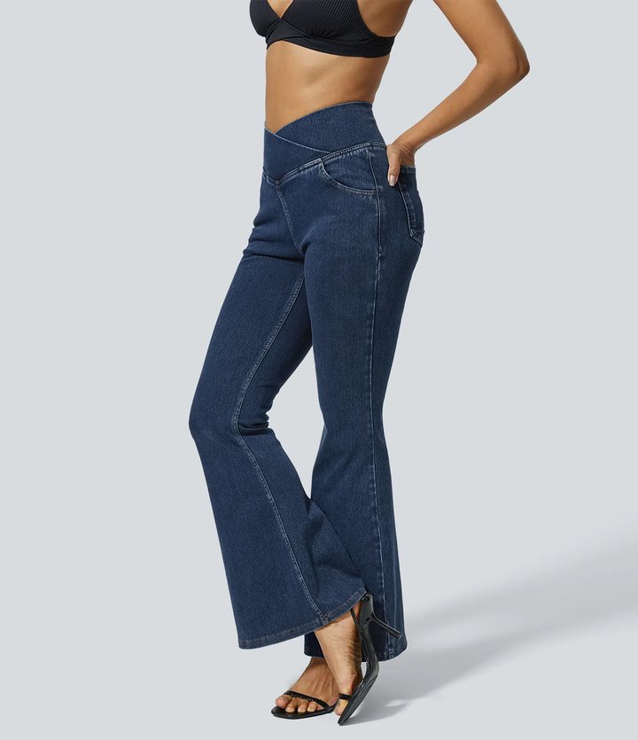 Ella - High Waisted Crossover Pocket Washed Stretchy Knit Casual Super Flare Jeans