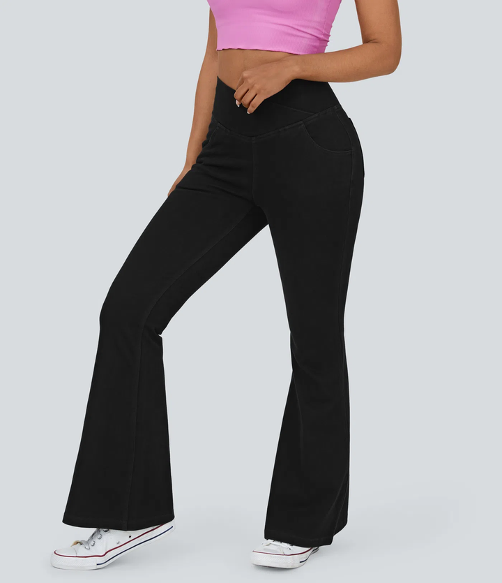 Ella - High Waisted Crossover Pocket Washed Stretchy Knit Casual Super Flare Jeans