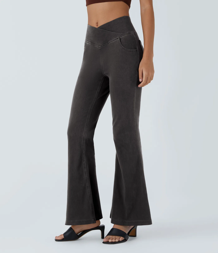 Ella - High Waisted Crossover Pocket Washed Stretchy Knit Casual Super Flare Jeans