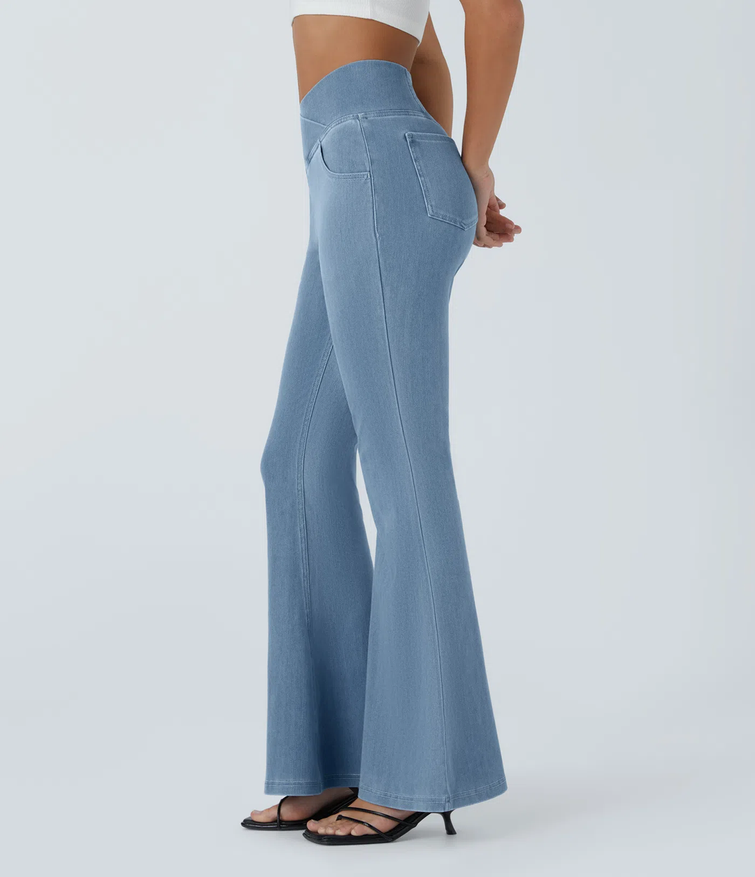 Ella - High Waisted Crossover Pocket Washed Stretchy Knit Casual Super Flare Jeans